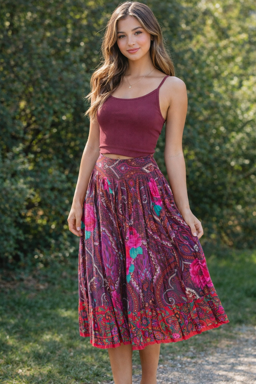 Vintage KENZO Paris Pleated Midi Skirt Paisley Roses Size 38 (fits XS) OLD MONEY